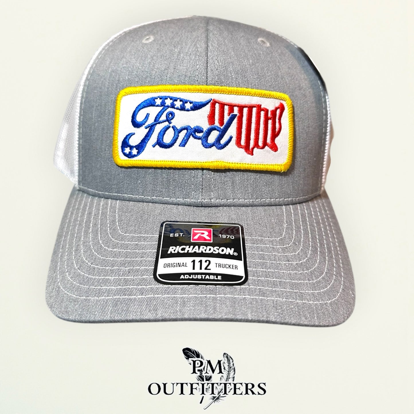 Ford USA Patriotic Patch Trucker Hat - PM Outfitters | Richardson 112 Heather Gray White American Automotive Heritage