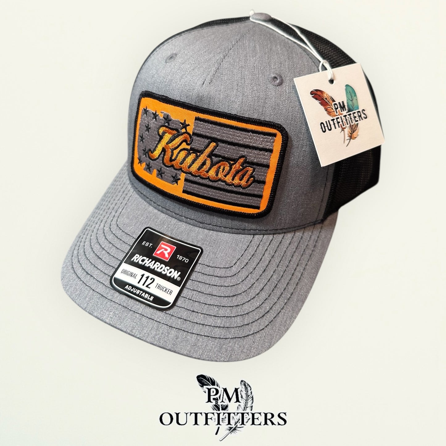 Kubota American Flag Trucker Hat | PM Outfitters Retro Patch Series | Richardson 112 Heather Gray & Black