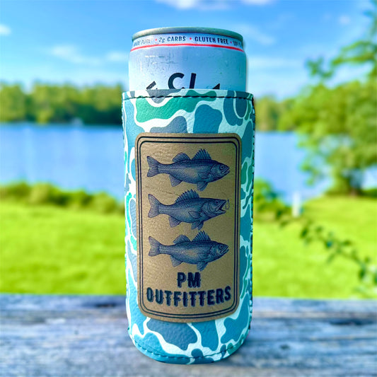 PM Outfitters Custom Design 3-Fish Leatherette Low Tide Camo Slim Can Koozie