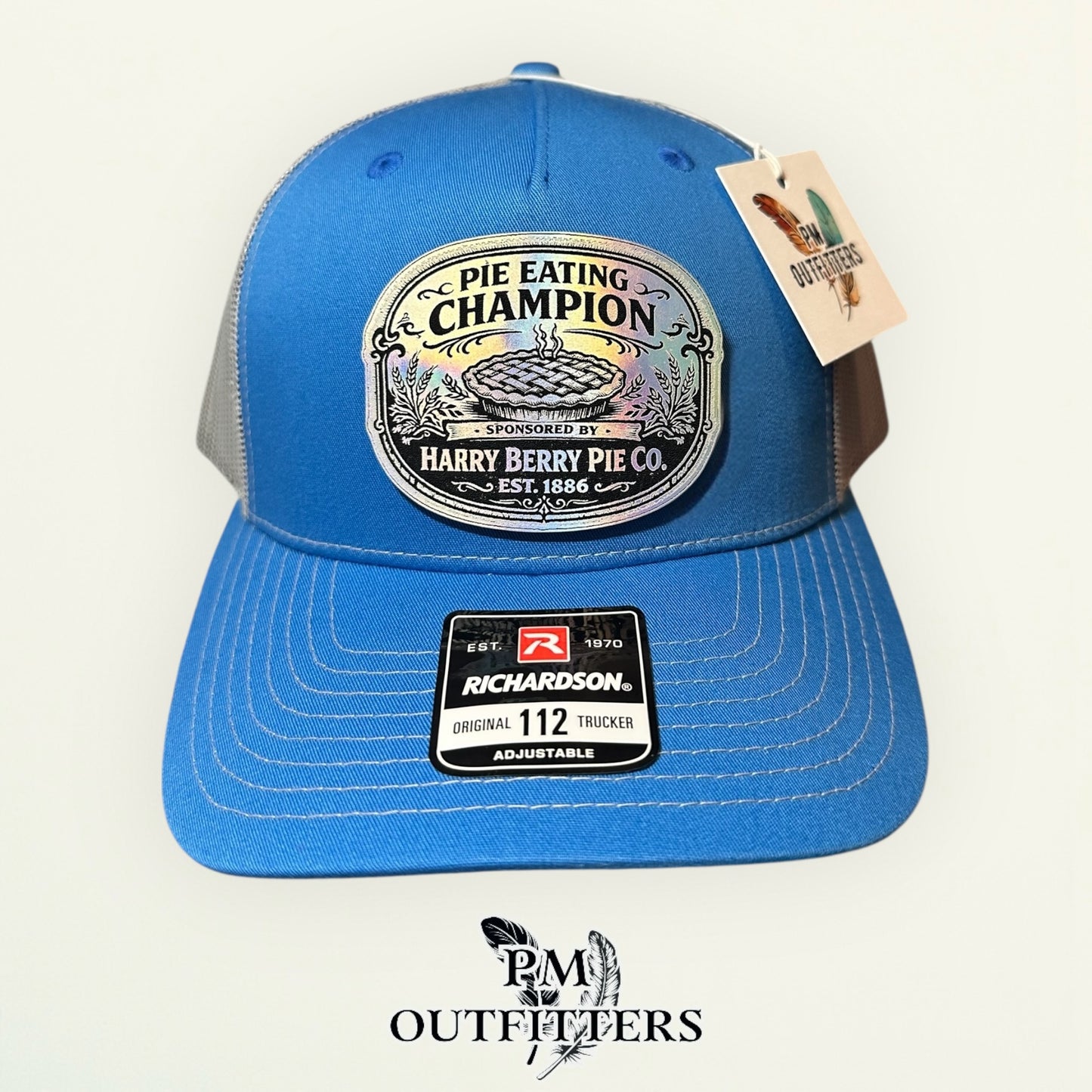 Pie Eating Champion Hat - PM Outfitters Holographic Patch | Richardson 112 Columbia Blue Gray Humor