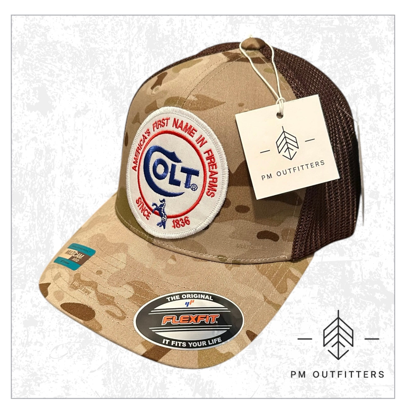 Colt 45 Firearms Embroidered Patch on FlexFit Camo Trucker Hat