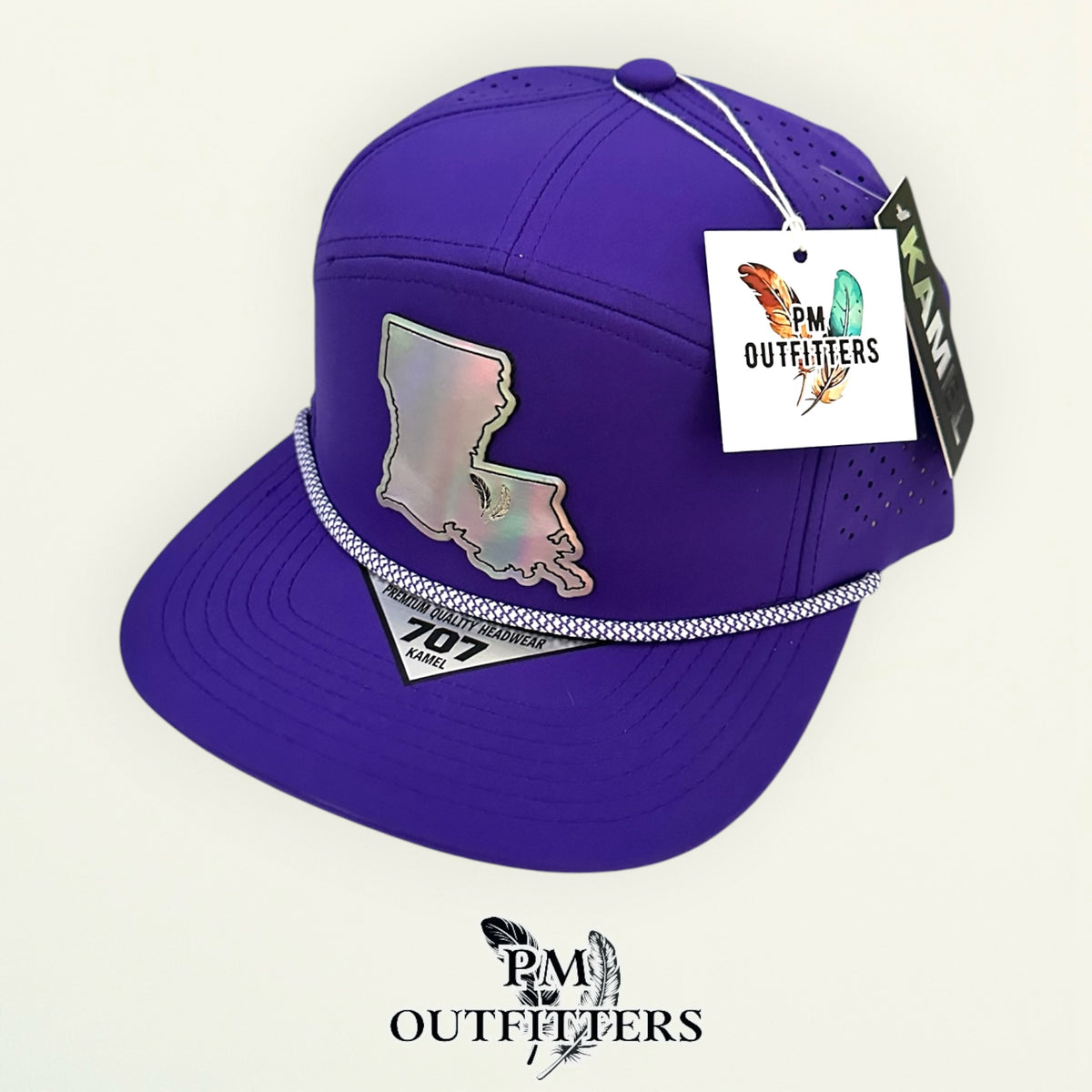 PM Outfitters LSU Tailgate Season holographic vegan leather Louisiana state outline patch trucker hat Baton Rouge two-feather logo purple gold