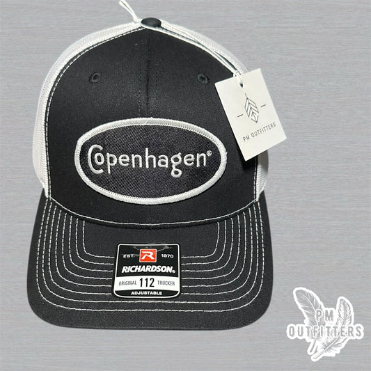 Copenhagen Logo Embroidered Patch on Black and White Richardson 112 Trucker Hat