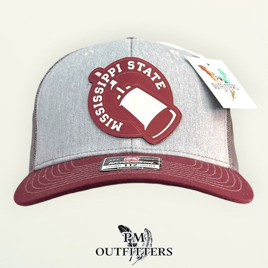 PM Outfitters Mississippi State cowbell laser engraved maroon vegan leather patch Richardson 112 gray maroon trucker hat