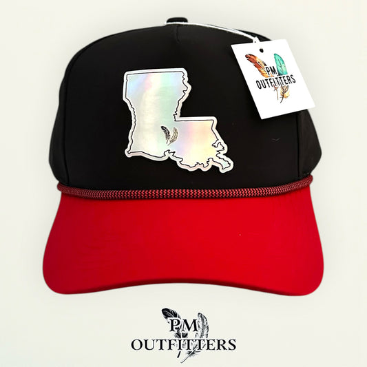 PM Outfitters Louisiana Lafayette Tailgate Season holographic vegan leather Louisiana state outline patch trucker hat Lafayette two-feather logo black red