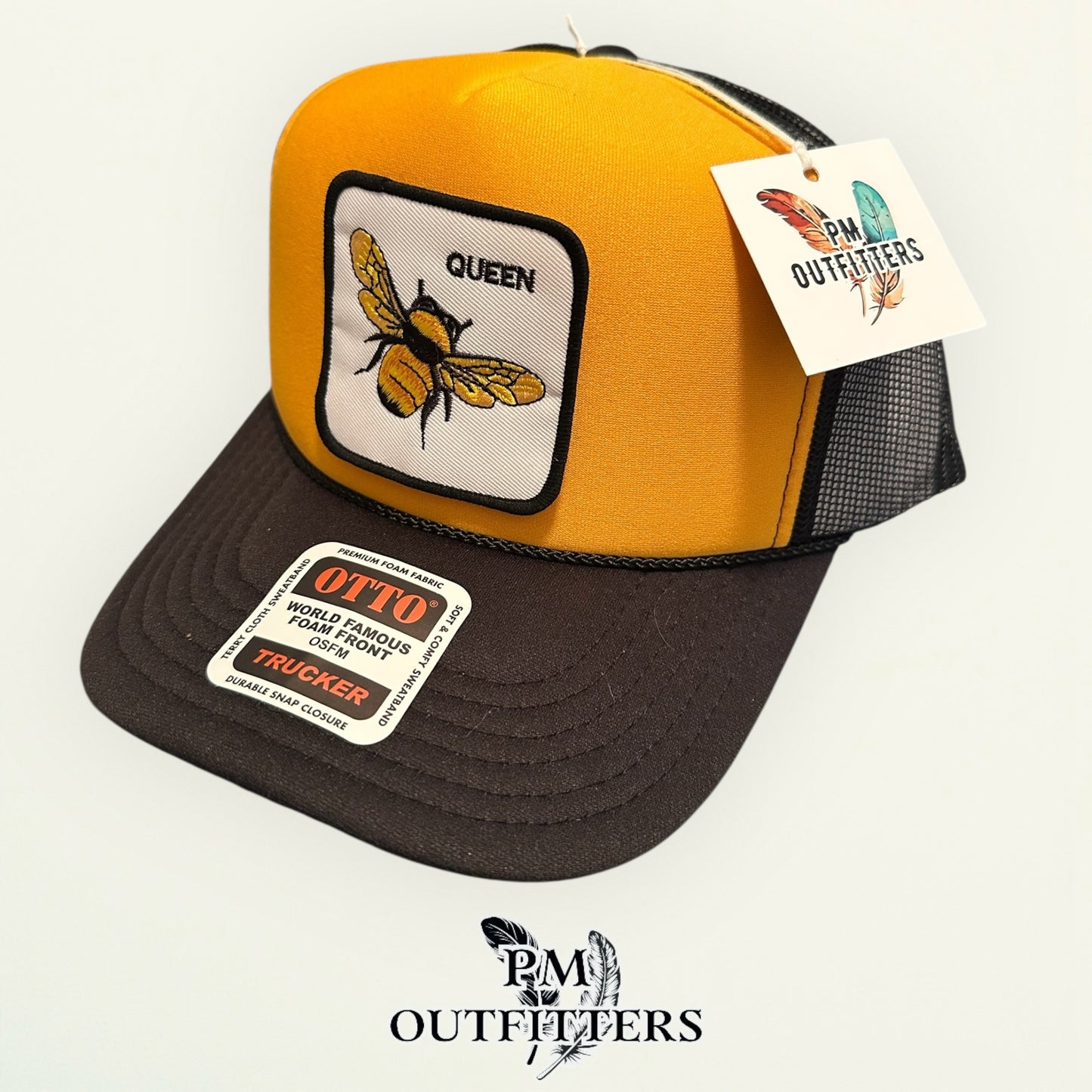 Queen Bee Trucker Hat - PM Outfitters Animal Patch Series | Otto Foam Front Black & Gold