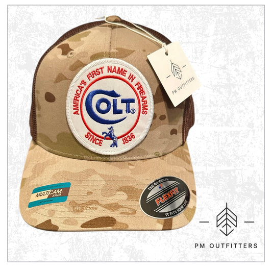 Colt 45 Firearms Embroidered Patch on FlexFit Camo Trucker Hat