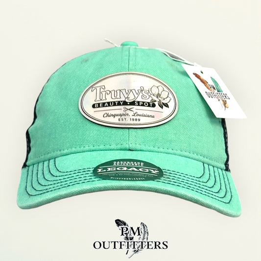 Truvy's Beauty Spot patch detail magnolia scissors Chinquapin Louisiana holographic trucker hat
