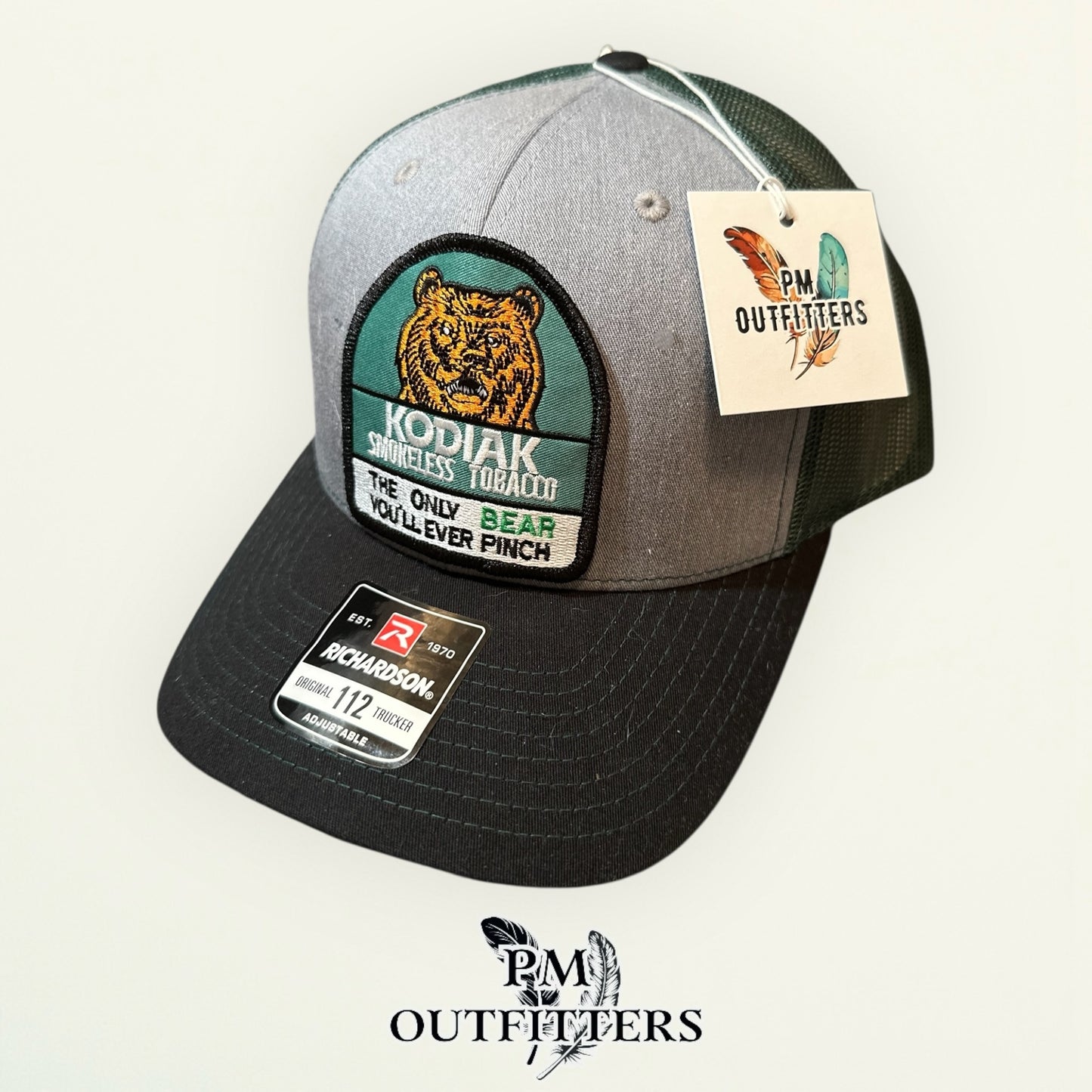 Kodiak Smokeless Tobacco Trucker Hat | PM Outfitters Retro Patch | Richardson 112 Heather Gray, Green & Black