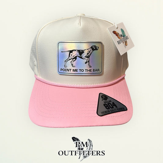 Point Me to the Bar Trucker Hat - PM Outfitters Exclusive | Holographic Laser Patch | Dallas 804 Cream Pink Waterproof Rope Hat
