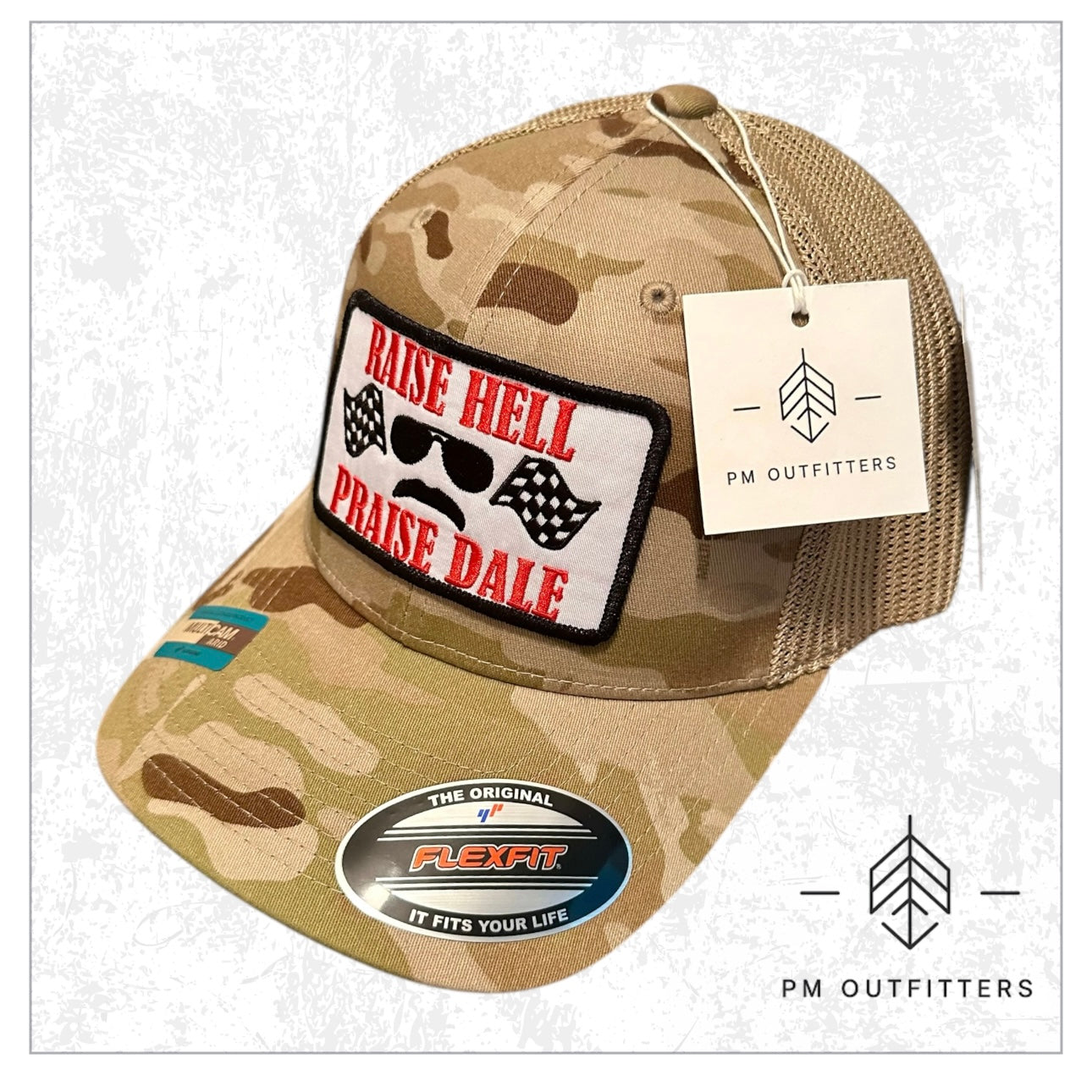 Raise Hell Praise Dale Retro NASCAR FlexFit Camo Trucker Hat