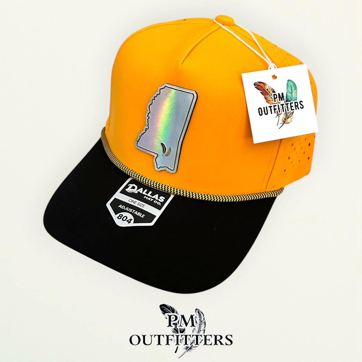 PM Outfitters Southern Miss Tailgate Season holographic vegan leather Mississippi state outline patch trucker hat Hattiesburg two-feather logo black gold