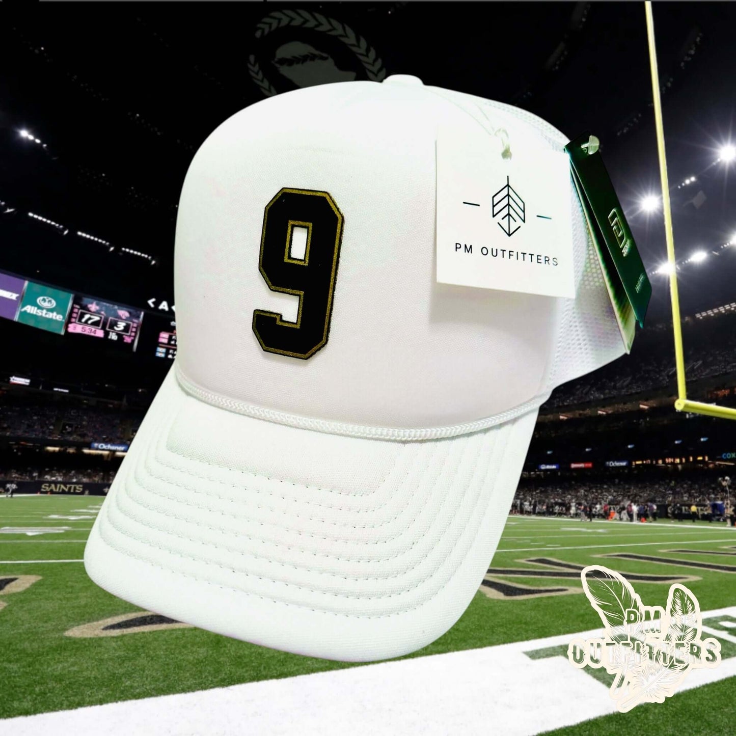 Drew Brees Saints Away Jersey Style Custom #9 Leatherette Patch White Decky Foam Trucker Hat