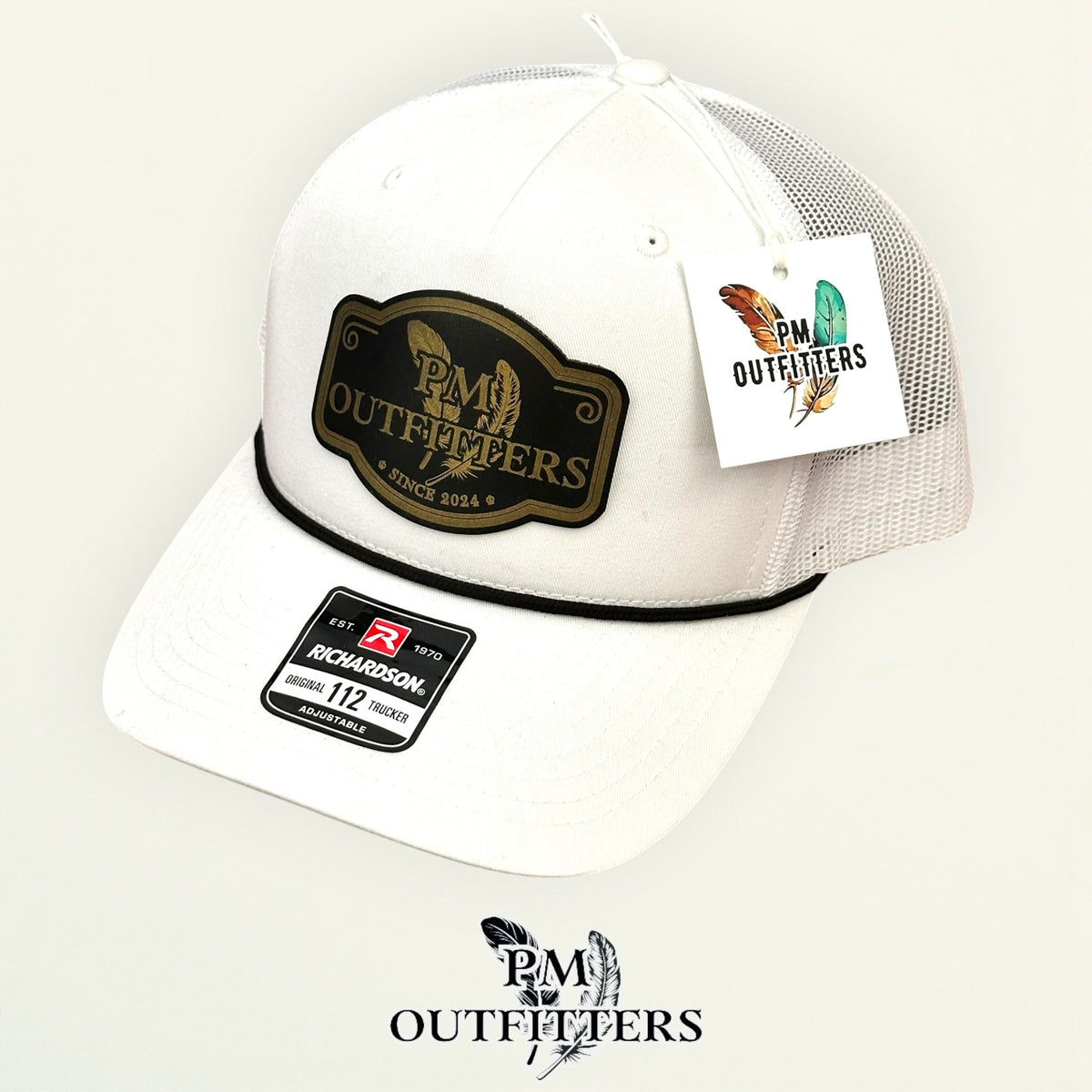 PM Outfitters hang tag white rope trucker hat black gold