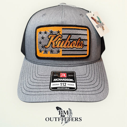 Kubota American Flag Trucker Hat | PM Outfitters Retro Patch Series | Richardson 112 Heather Gray & Black