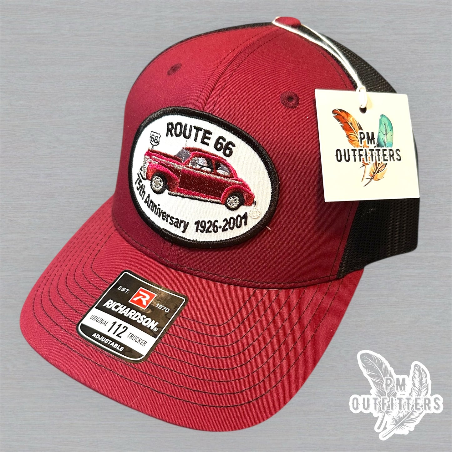 Vintage Route 66 75th Anniversary Patch Trucker Hat - Richardson 112 Maroon Black