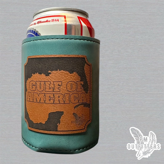 PM Outfitters Custom Laser Engraved Gulf of America Premium Leatherette Can Cooler - Teal/Turquoise Koozie