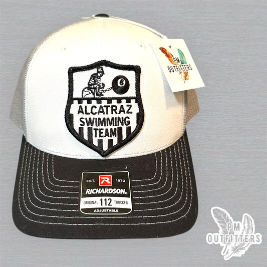 Vintage Alcatraz Swimming Team Patch Trucker Hat - Richardson 112 White, Black & Gray