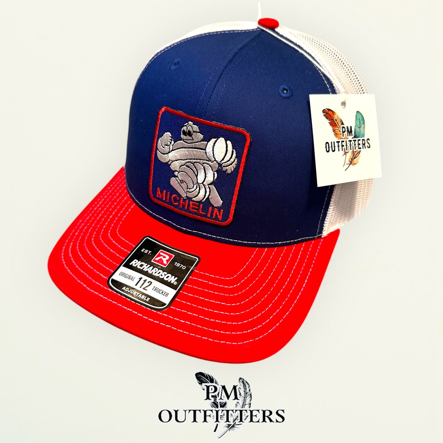 Michelin Man Trucker Hat — Retro Embroidered Patch | Richardson 112 Blue Red White
