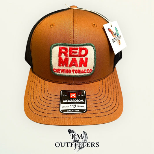 Red Man Chewing Tobacco Vintage Patch Hat - Authentic 1970s-80s | Richardson 112 Caramel Black Baseball