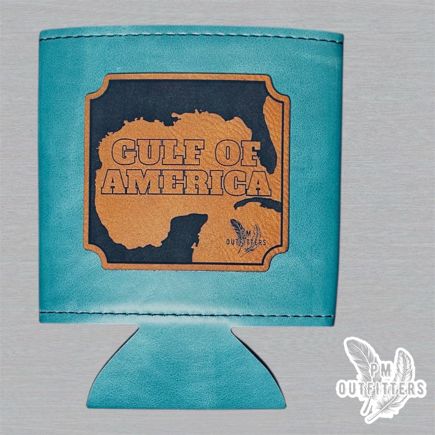 PM Outfitters Custom Laser Engraved Gulf of America Premium Leatherette Can Cooler - Teal/Turquoise Koozie