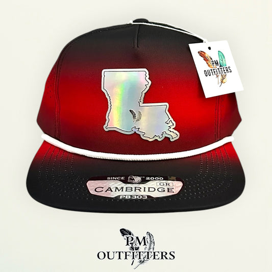 PM Outfitters Louisiana Lafayette Tailgate Season holographic vegan leather Louisiana state outline patch trucker hat Lafayette two-feather logo black red gradient