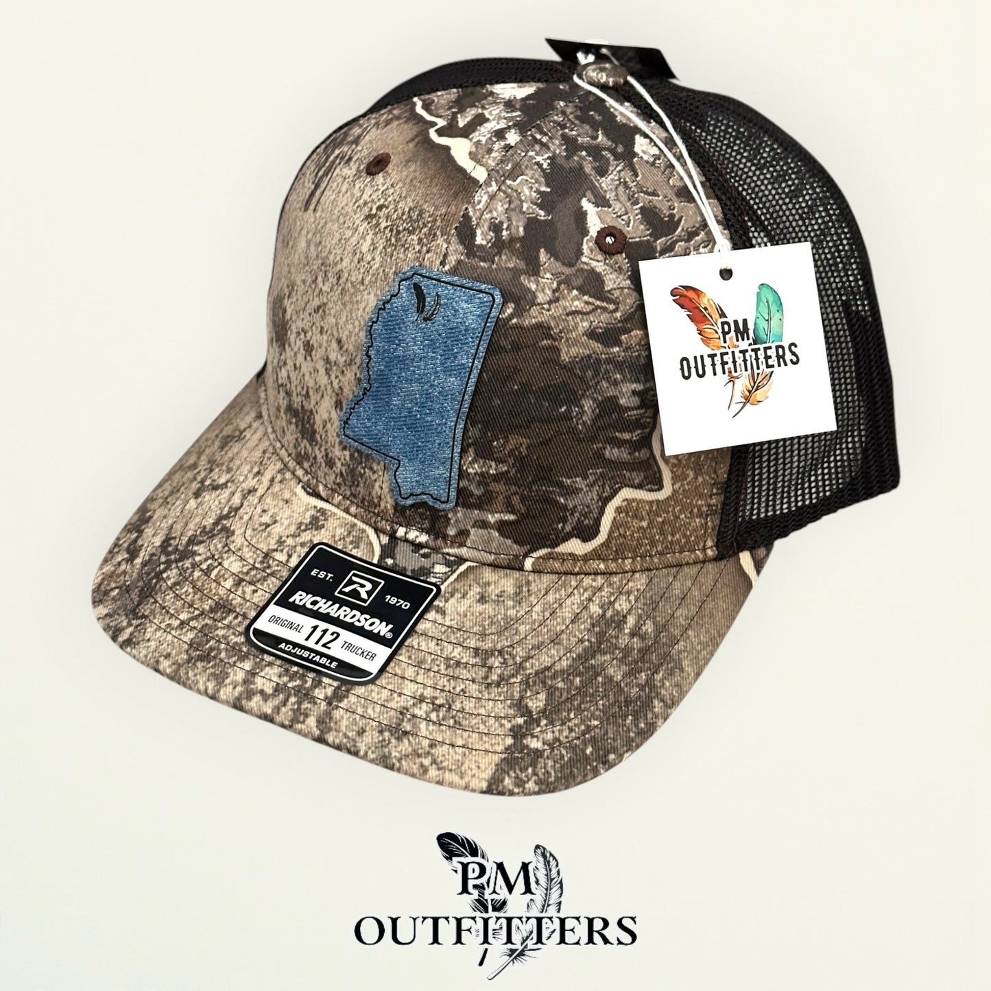 PM Outfitters Ole Miss Tailgate Season denim blue textured vegan leather patch Richardson 112 Realtree Excape camo trucker hat