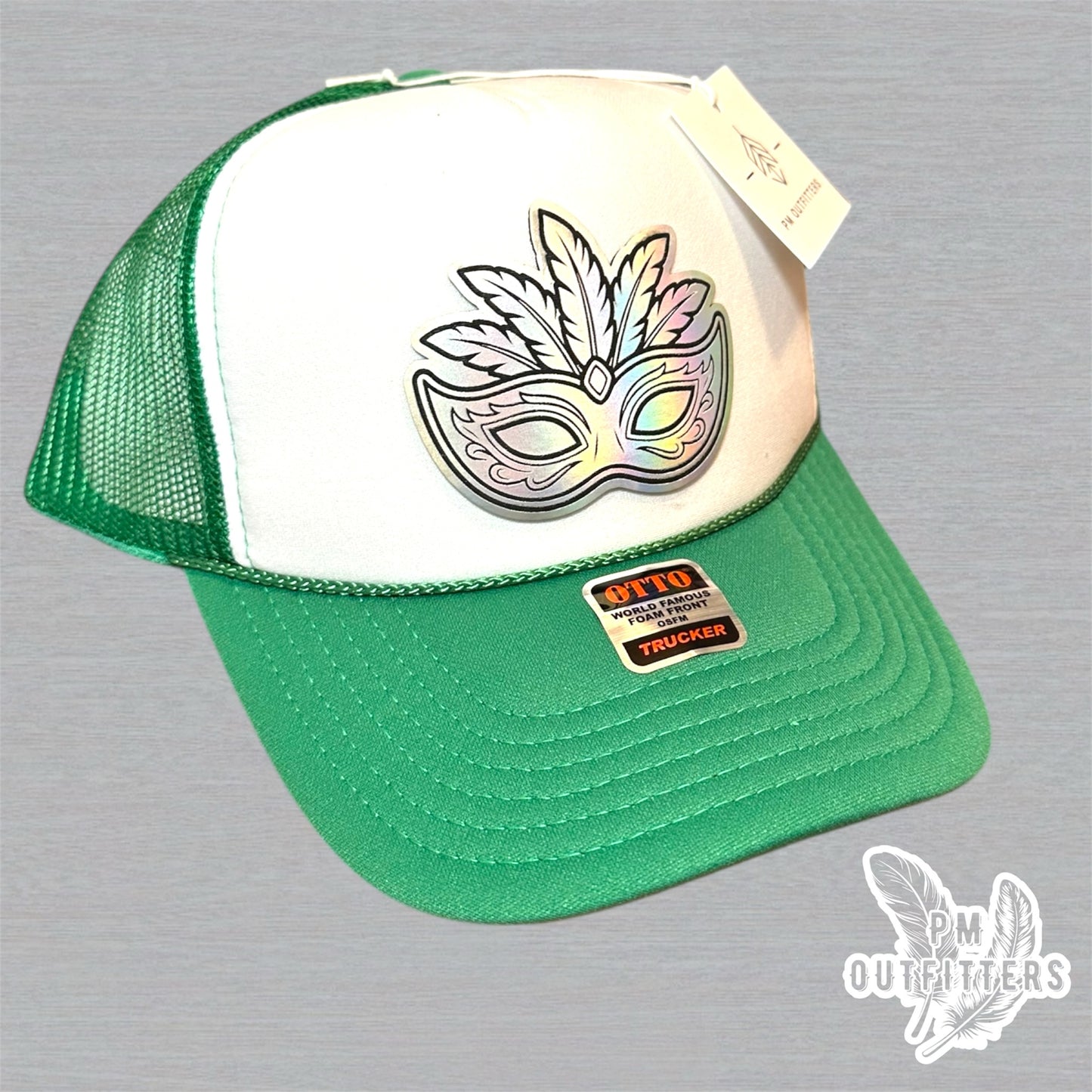 Mardi Gras Holographic Mask Trucker Hat - Green & White Otto Foam Front
