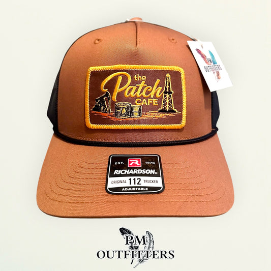 The Patch Cafe Oilfield Trucker Hat | Richardson 112 Rope | Caramel Black | Landman Hat