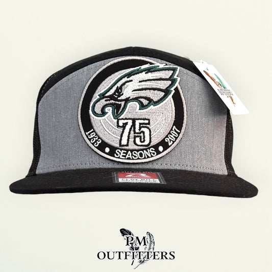 PM Outfitters Philadelphia Eagles 75th Anniversary embroidered patch Richardson 168 black gray trucker hat