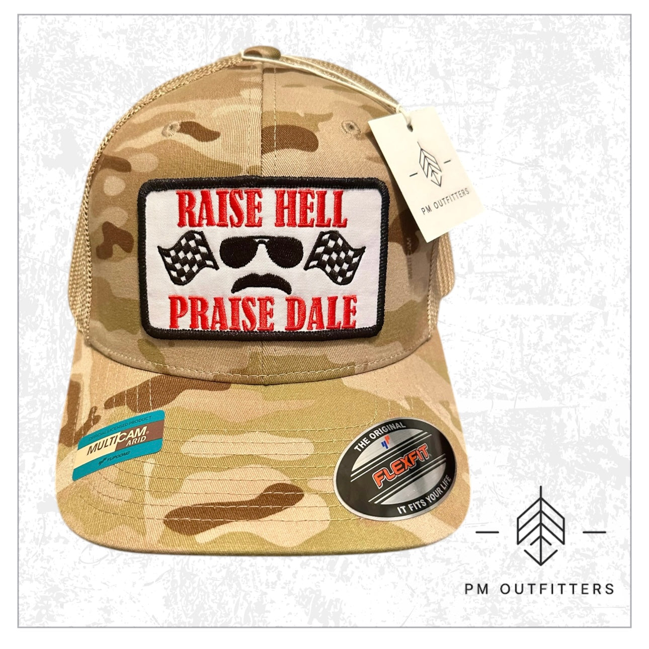 Raise Hell Praise Dale Retro NASCAR FlexFit Camo Trucker Hat