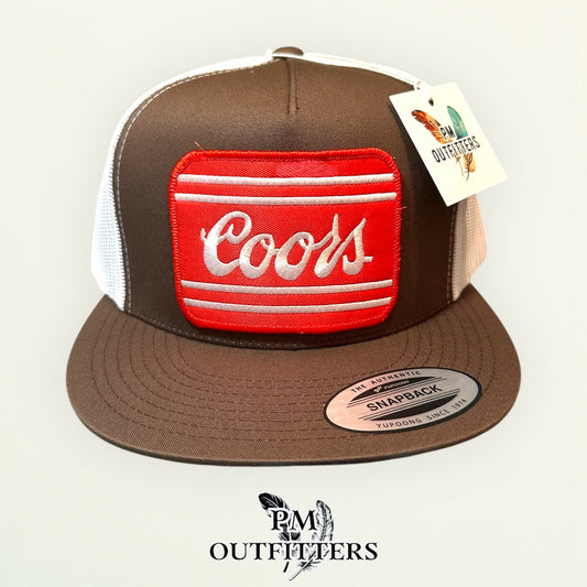Coors Beer Trucker Hat — PM Outfitters Retro Patch | Yupoong Flat Bill Brown White Rocky Mountain Heritage