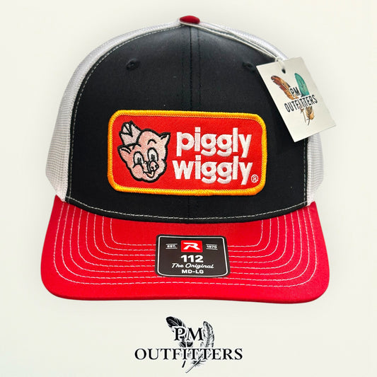 Piggly Wiggly Hat Retro Patch | Richardson 112 Black Red White Trucker