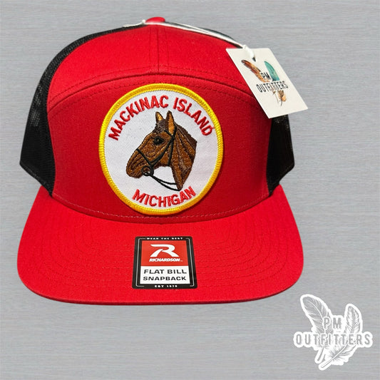 Vintage Mackinac Island Michigan Patch Trucker Hat - Richardson 168 Red Black