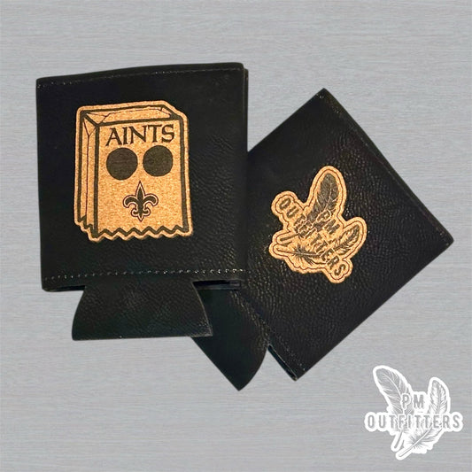 PM Outfitters Custom AINTS Bag Head Patch Black Leatherette Koozie