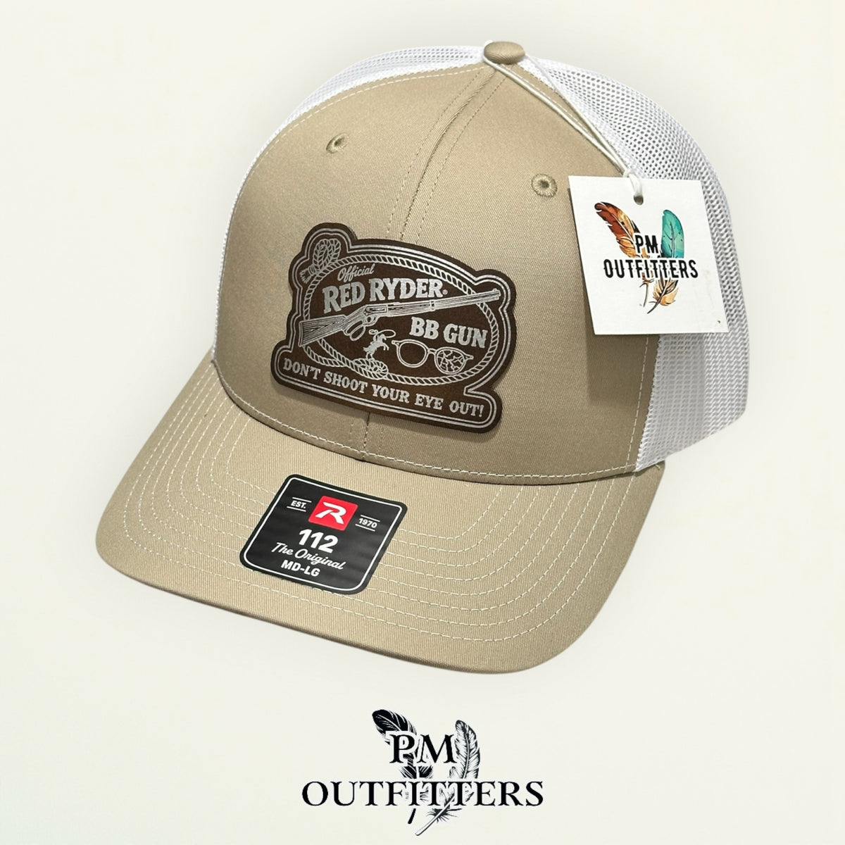 PM Outfitters hang tag Red Ryder BB Gun tan white trucker hat