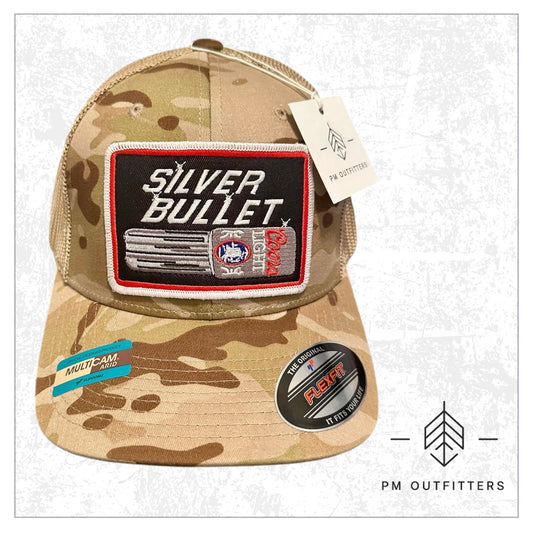 Vintage Coors Light Silver Bullet Embroidered Patch on FlexFit Camo Trucker Hat