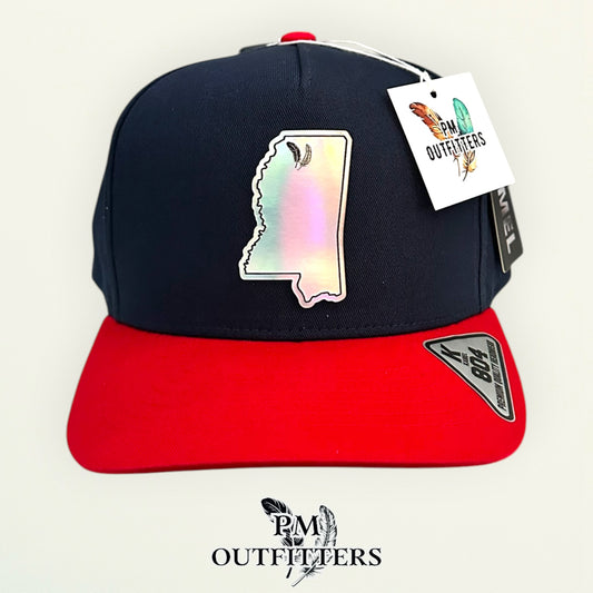 PM Outfitters Ole Miss Tailgate Season holographic vegan leather Mississippi state outline patch trucker hat Oxford two-feather logo navy red