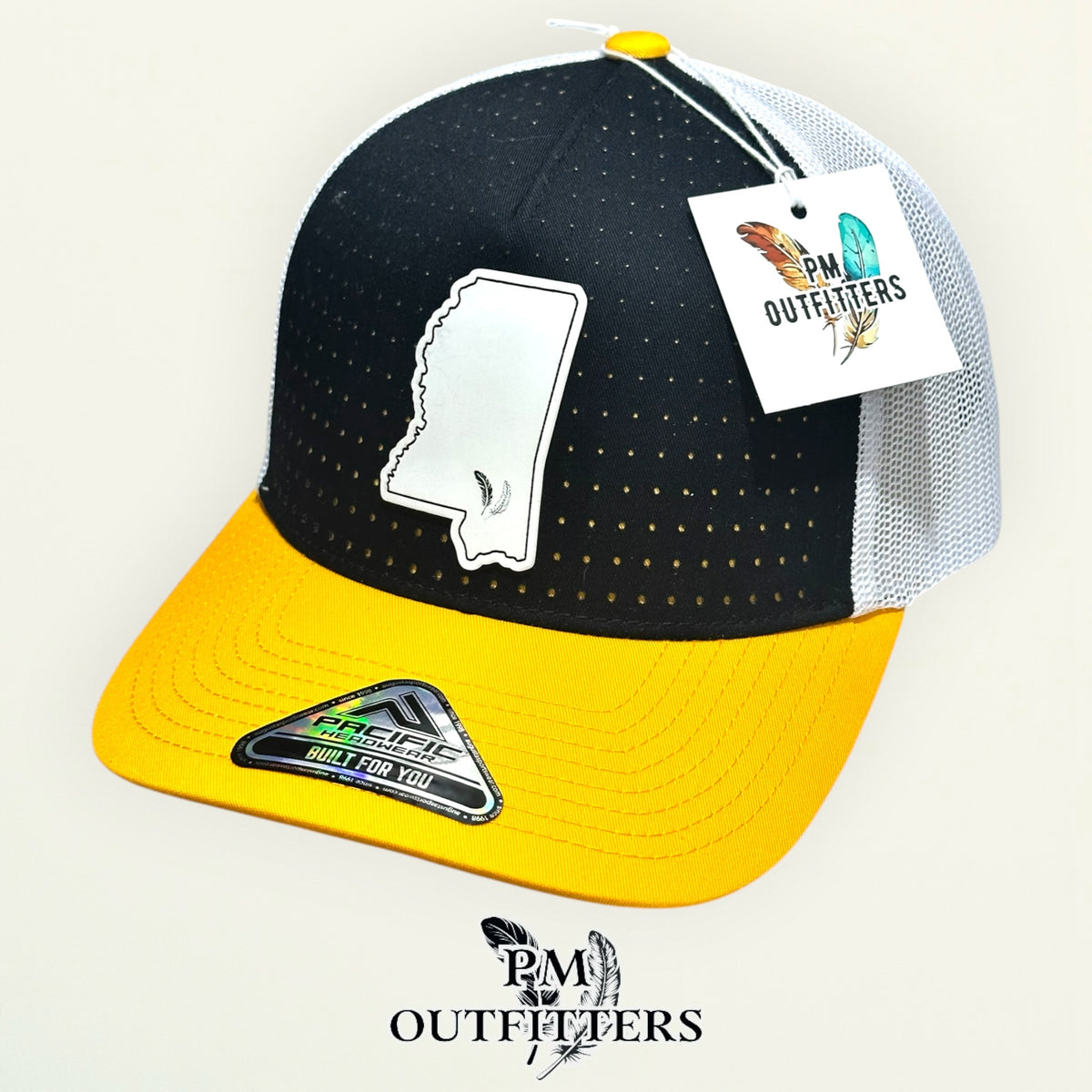 PM Outfitters Southern Miss white vegan leather state outline patch Pacific Headwear 105P black gold white trucker hat