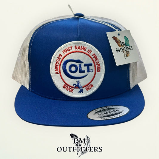 Colt Firearms Hat | Yupoong 6006 Blue & White Flatbill | Since 1836