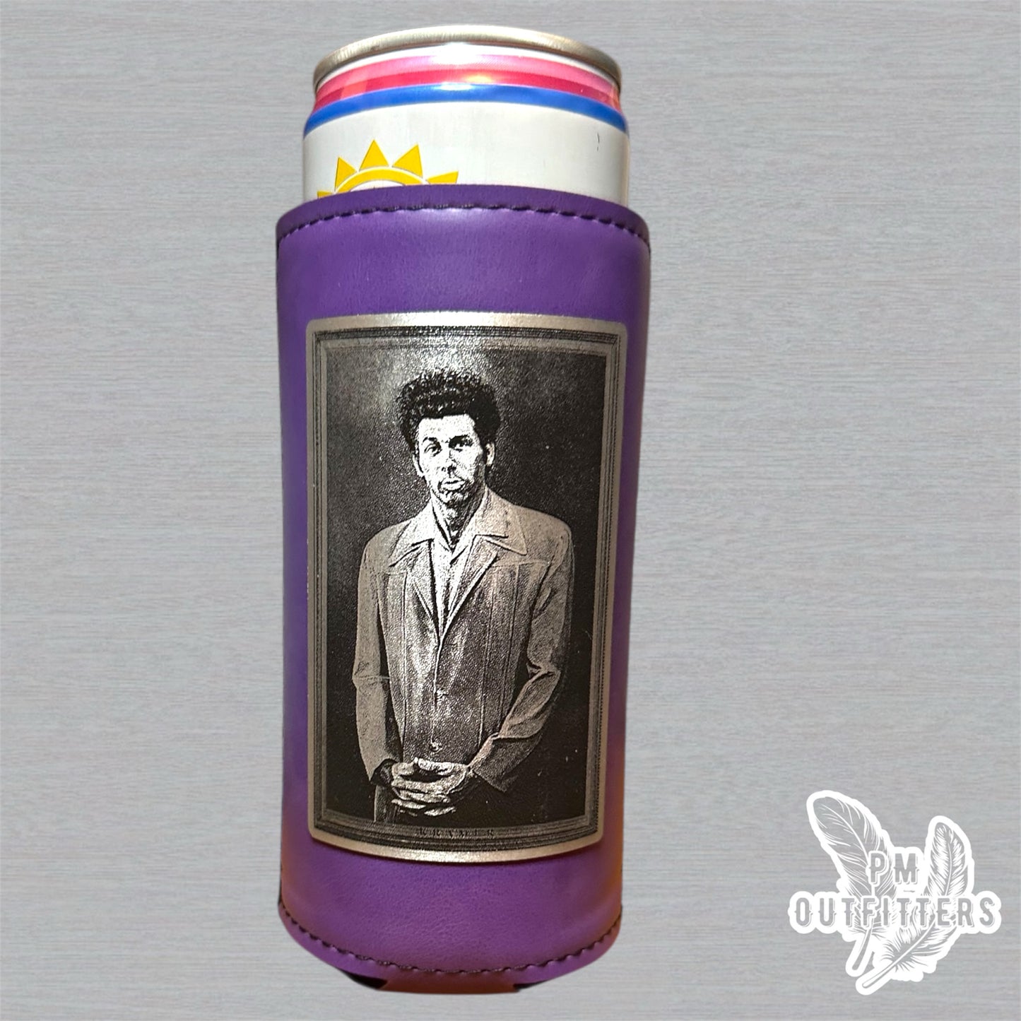 PM Outfitters Custom Laser Engraved Seinfeld “The Kramer” Portrait Premium Leatherette Slim Can Cooler - Purple Koozie