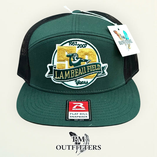 Lambeau Field 50th anniversary patch detail 1957 2007 Packers trucker hat