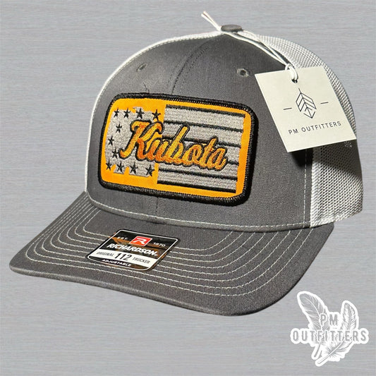 Kubota Tractor American Flag Patch Charcoal & White Richardson 112 Trucker Hat