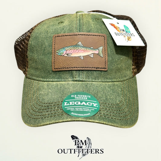 Hand-painted rainbow trout patch on an olive Legacy Old Favorite trucker hat with bronze mesh back, PM Outfitters True Originals