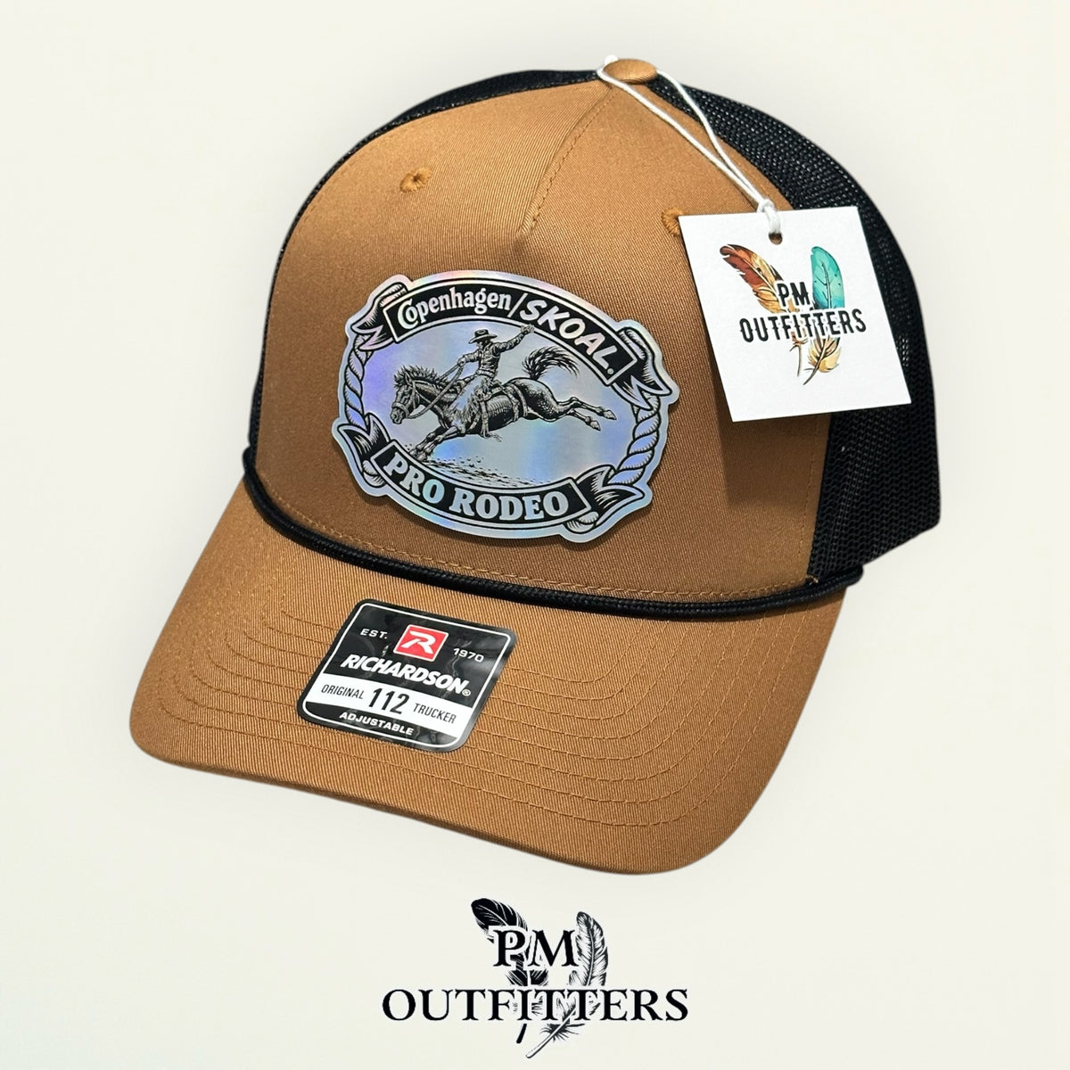 Copenhagen Skoal Pro Rodeo caramel black rope Richardson 112 hat with holographic saddle bronc patch, fifth rotated angle view