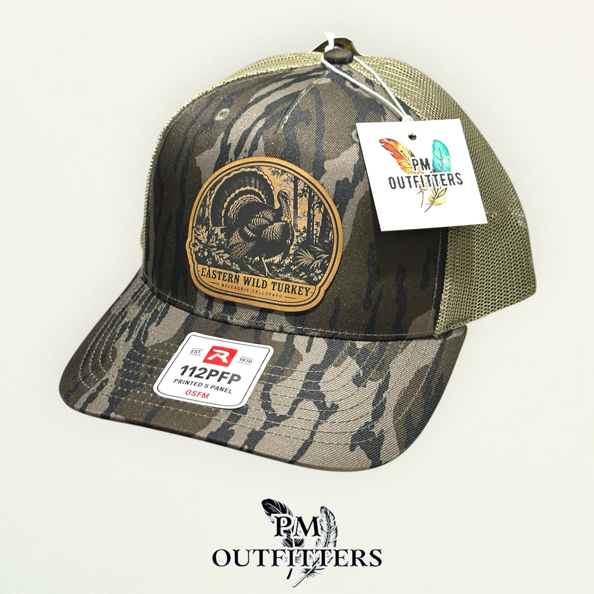 Eastern Wild Turkey hunting hat Richardson 112PFP Mossy Oak Bottomland camo – angled product view