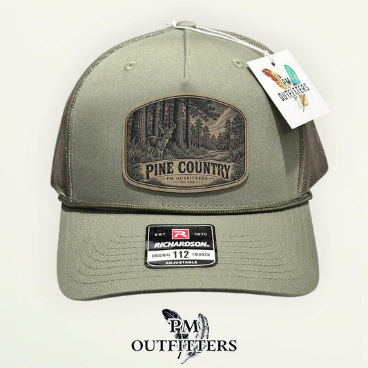 Pine Country Richardson 112FPR Loden/Loden rope trucker with engraved natural tan vegan leather product angle 1
