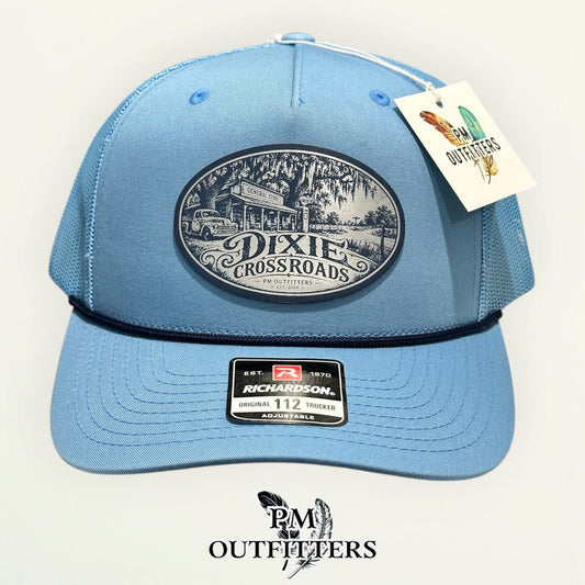 Dixie Crossroads Richardson 112FPR Columbia Blue/Navy rope trucker with engraved natural cream vegan leather product angle 1