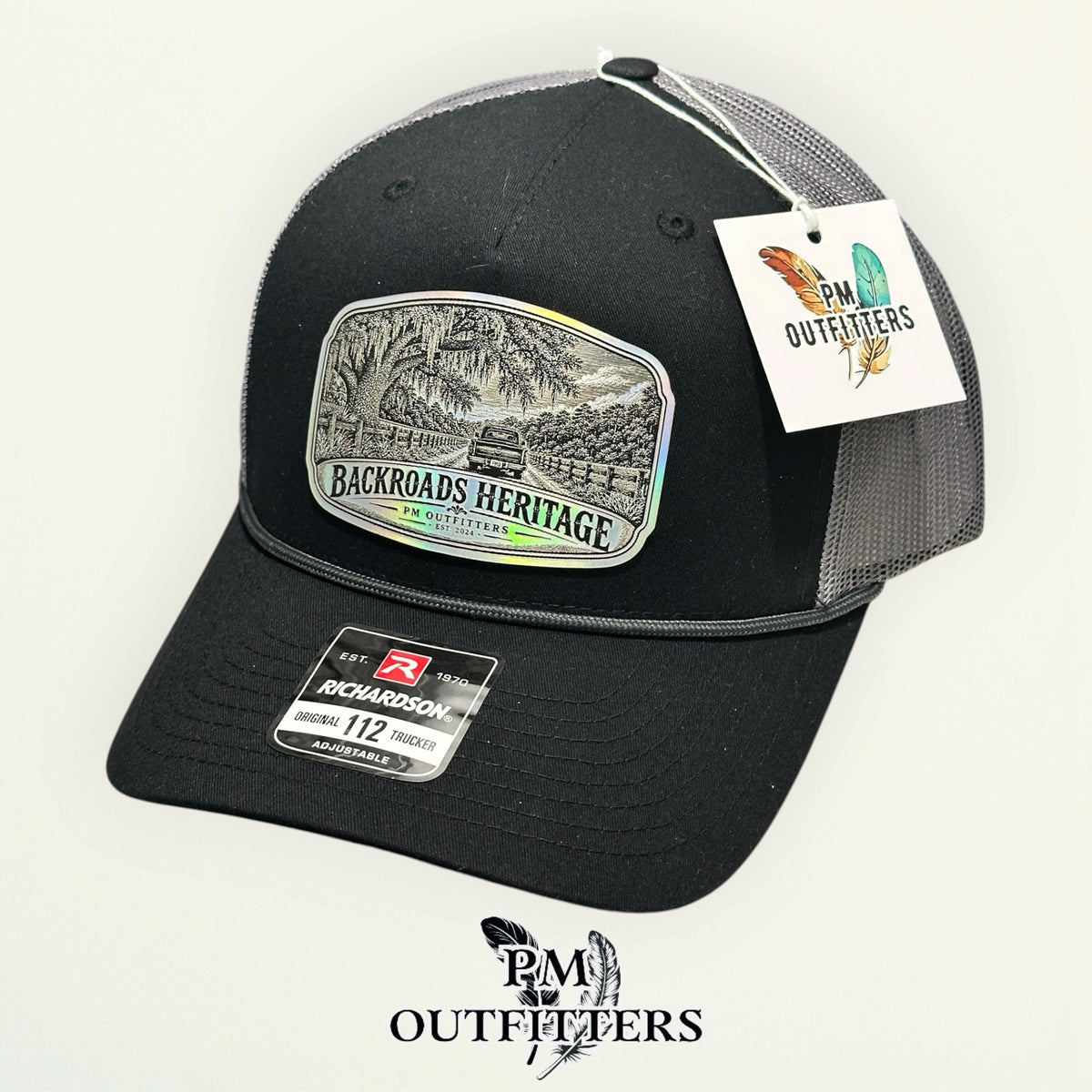 Backroads Heritage Richardson 112FPR Black/Charcoal/Charcoal rope trucker with engraved silver holographic vegan leather product angle 5