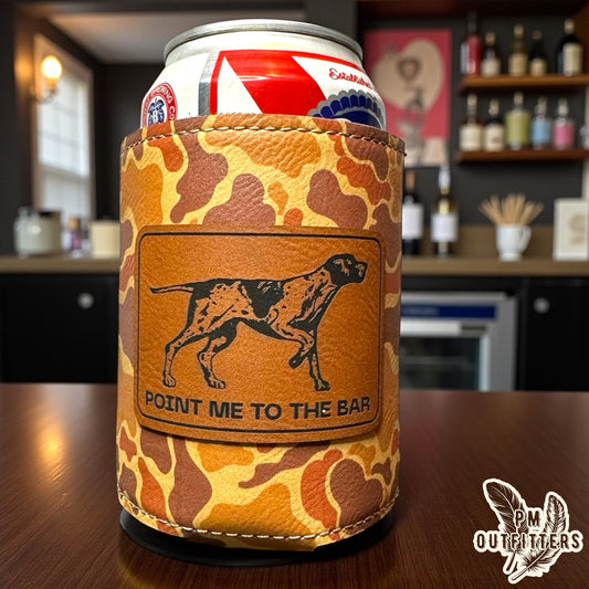 Point Me to the Bar camouflage leatherette koozie